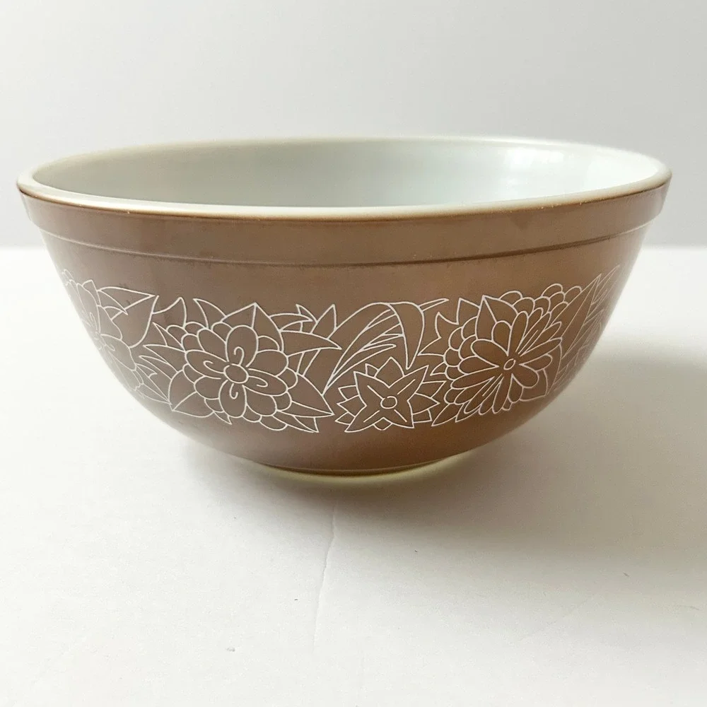 Vintage Pyrex Woodland Mixing Bowls Brown Floral 401 403 Nesting Set 2pc USA